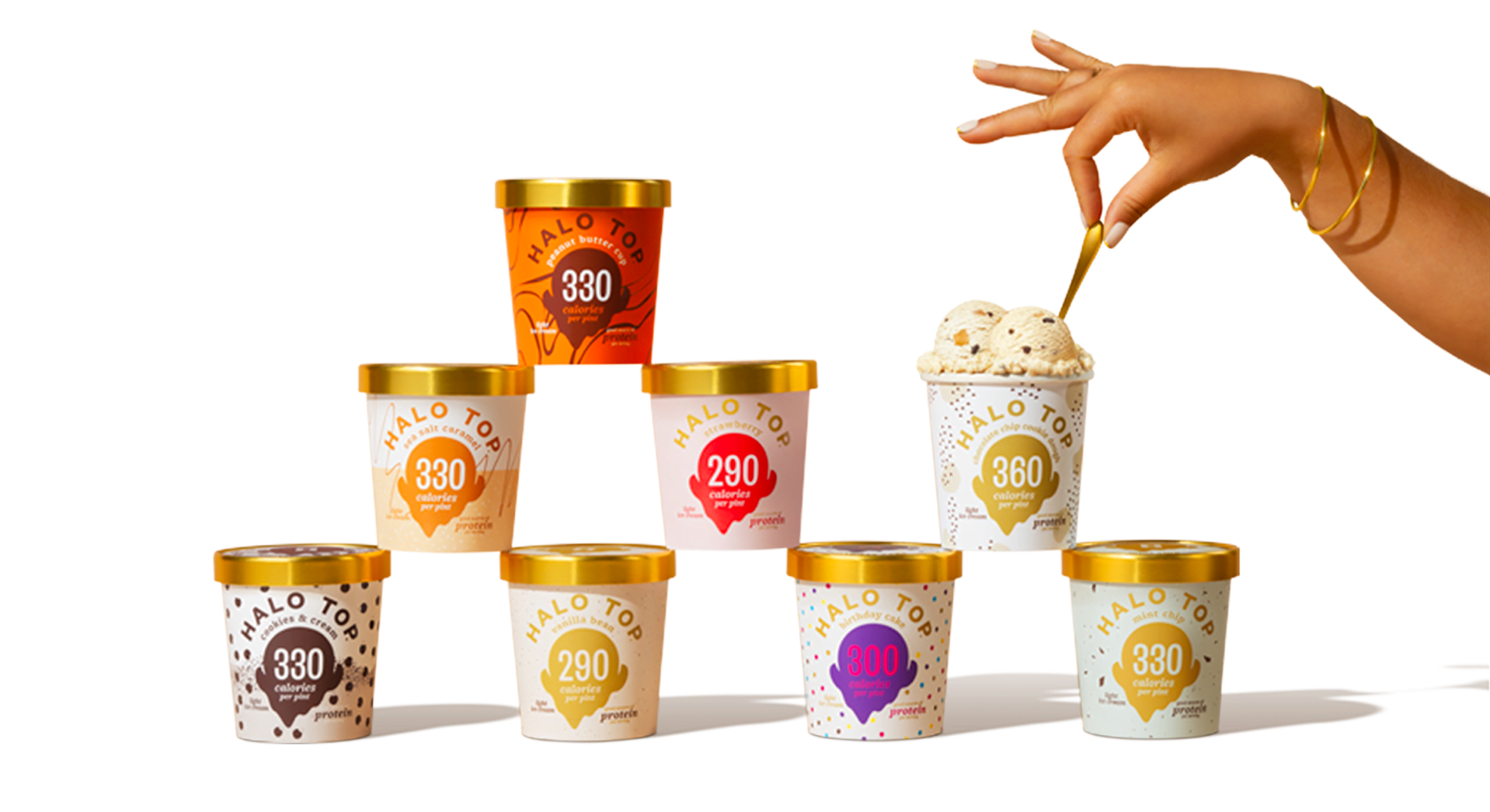 stacked Halo Top ice cream tubs